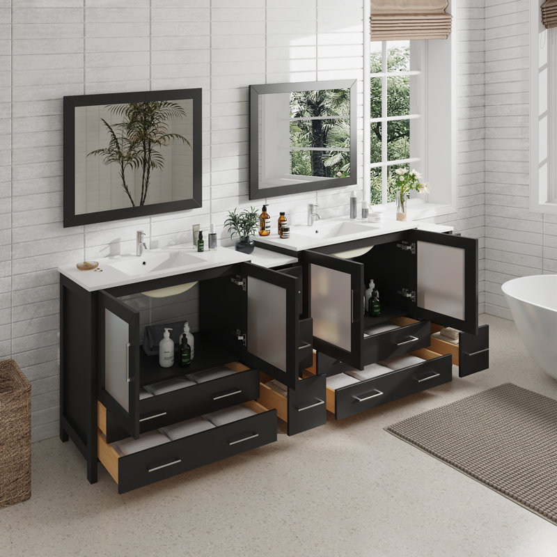 Brescia 96" Double Sink Freestanding Bathroom Vanity with Ceramic Top and Matching Mirrors, Espresso