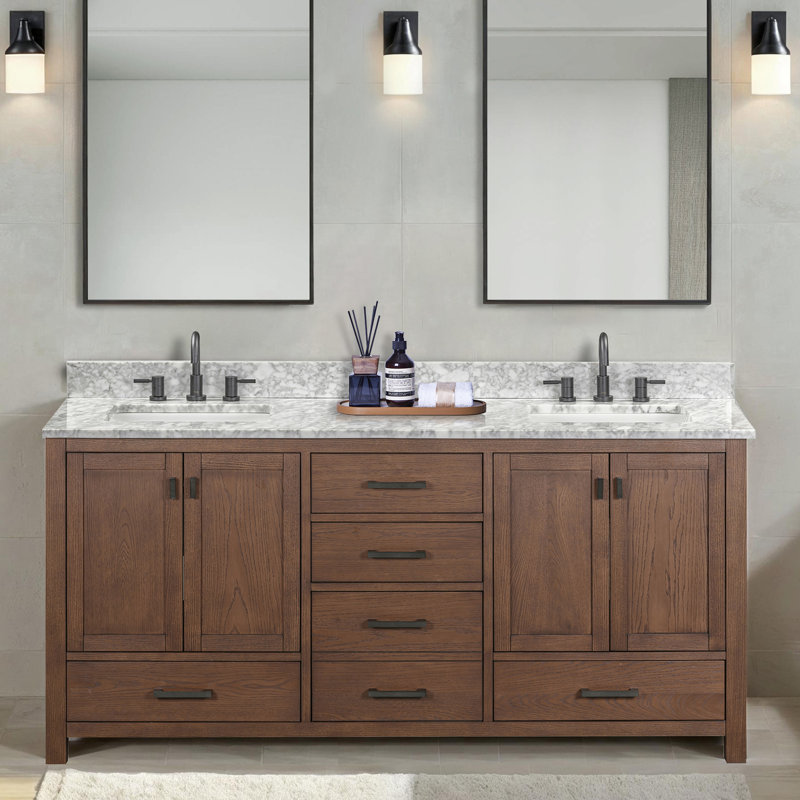 Meuble-lavabo double 72 po avec plateau Souther, 72" , Blanc de Carrare, Chêne moka