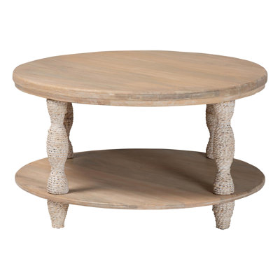 bali & pari Azmoe Wood Coffee Table with Seagrass Wrapped Legs - Round Living Room Table with Open Shelf Storage