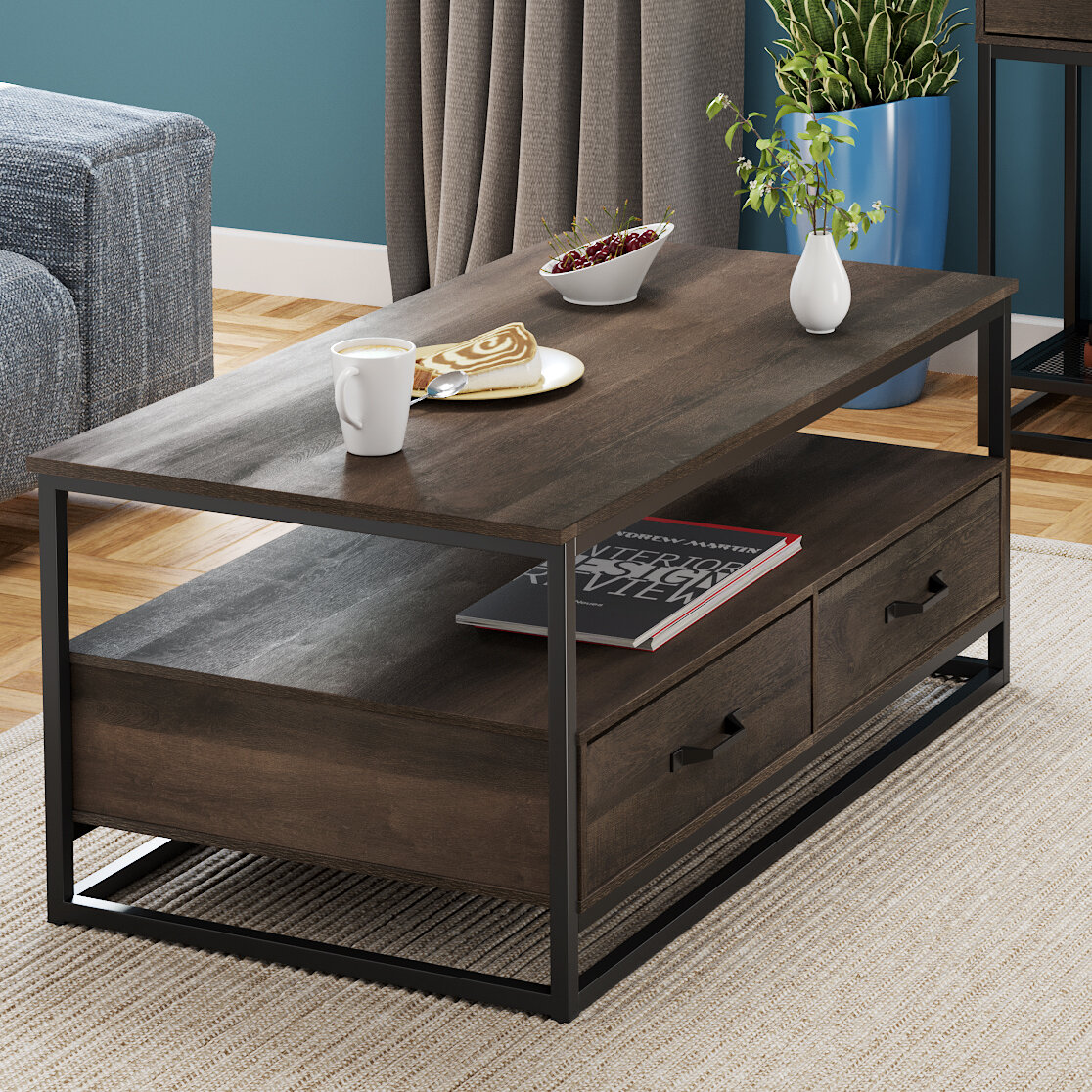 wooden coffee table with drawers