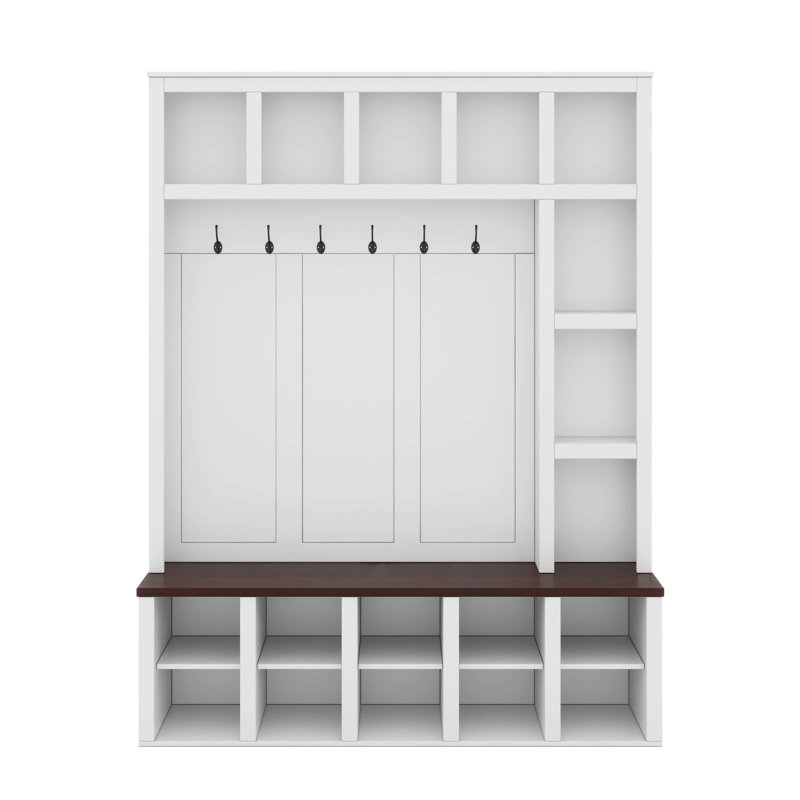 Wide Hall Tree With Storage Bench And 6 Hooks, Farmhouse 4-In-1 Hallway Coat Rack With Adjustable Shelves, White