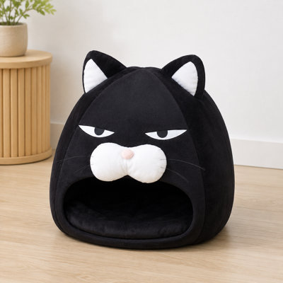 Dessin de chat noir en forme de chat, lit semi-fermé en forme de chat, nid en peluche en polyester doux sans bruit avec coussin amovible à fermeture à glissière, lit chaud quatre saisons pour petits chats, deux options de taille noire