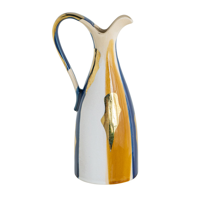 Ceramic Pitcher Vase with Abstract Multicolored Finish, 12.4'' H X 4.9'' W X 5.7'' D, Yellow/Blue