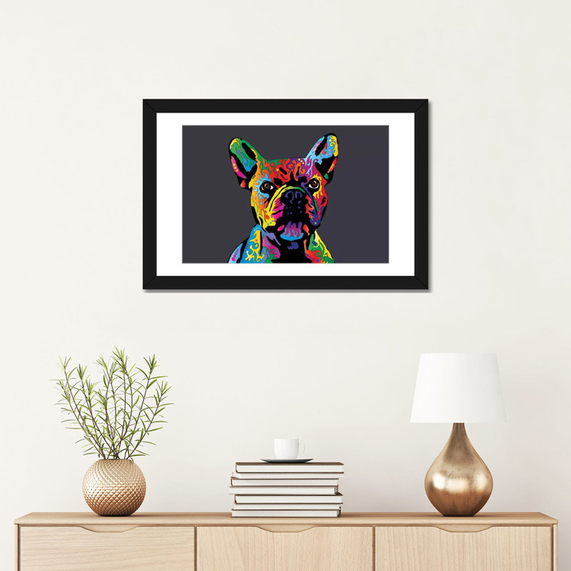 " Rainbow French Bulldog On Grey " by Michael Tompsett, Black Framed Fine Art Paper, White, 24" H x 32" W x 1" D