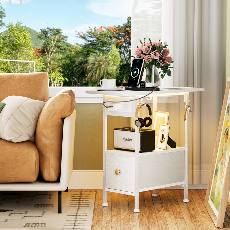 Narrow Bedside Table, Narrow Nightstand with Charging Station&LED, Bedside Table End Table White