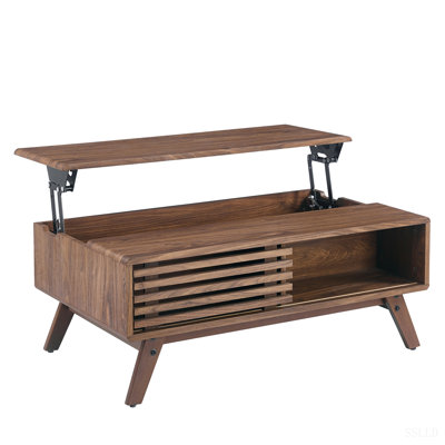 39.37" Mid-Century Walnut Lift Top Coffee Table, Multifunctional Lift-Up Coffee Table with Hidden Storage & Open Shelf for Living Room