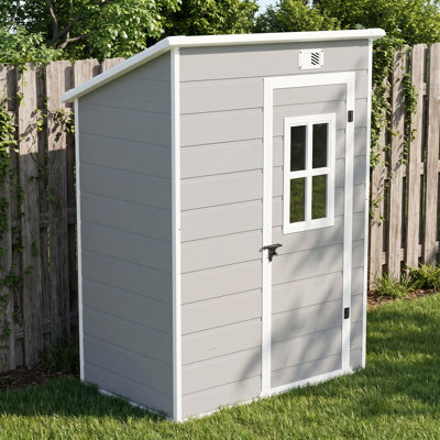 Abri de jardin en résine de 1,5 x 0,9 m ou 1,8 x 1,3 m avec plancher, double porte verrouillable, fenêtre et ventilation pour outils de jardin.