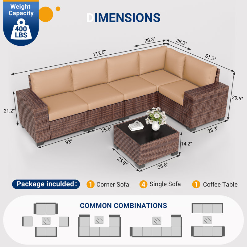 5 - Person Outdoor Rattan Sectional Seating Group With Cushions, Beige, Brown