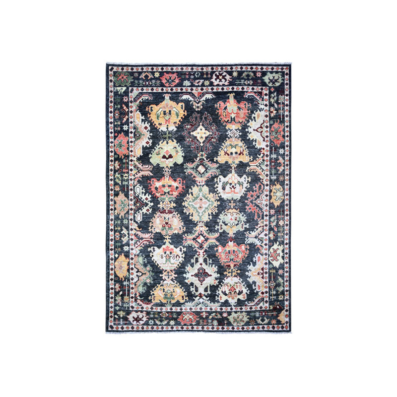 Tapis noir en laine noué à la main 6 pi 7 po x 9 pi 5 po Angora