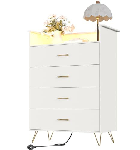 Grande commode à 4 tiroirs avec lumières RVB et station de charge, commode à musique contrôlée par application, Blanc