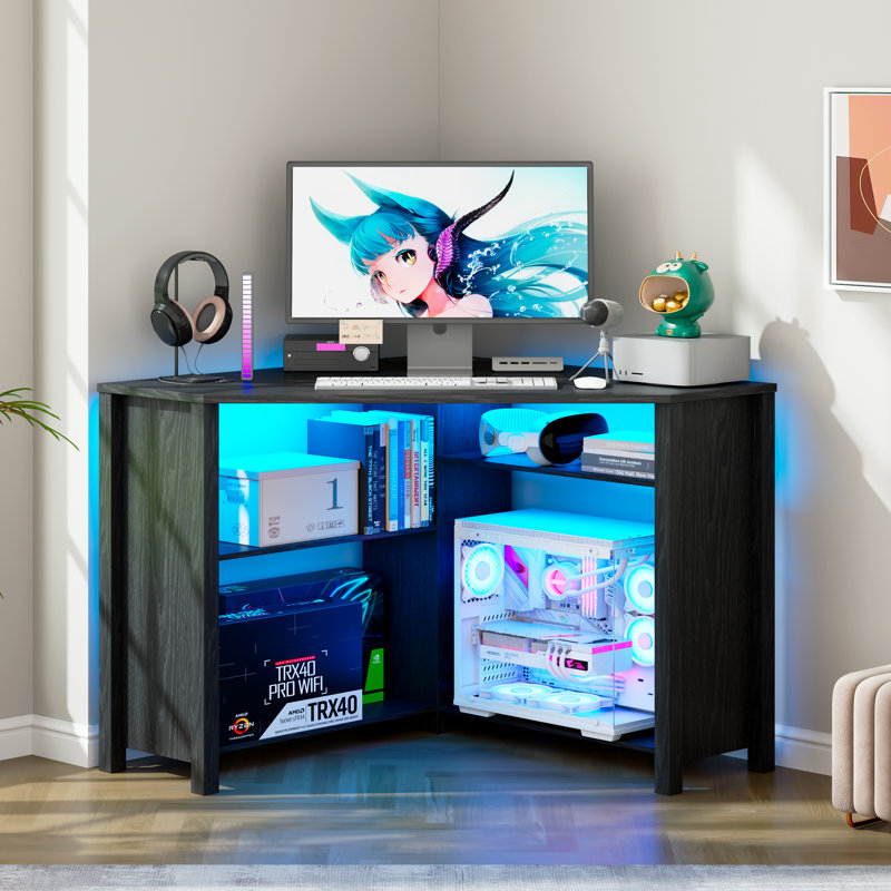Bureau d'angle avec prises de courant et capteurs à 3 couleurs pour les petits espaces, Noir