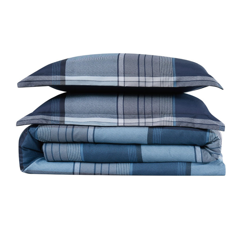 Navy and Gray Plaid Microfiber Full/Queen Duvet Cover Set