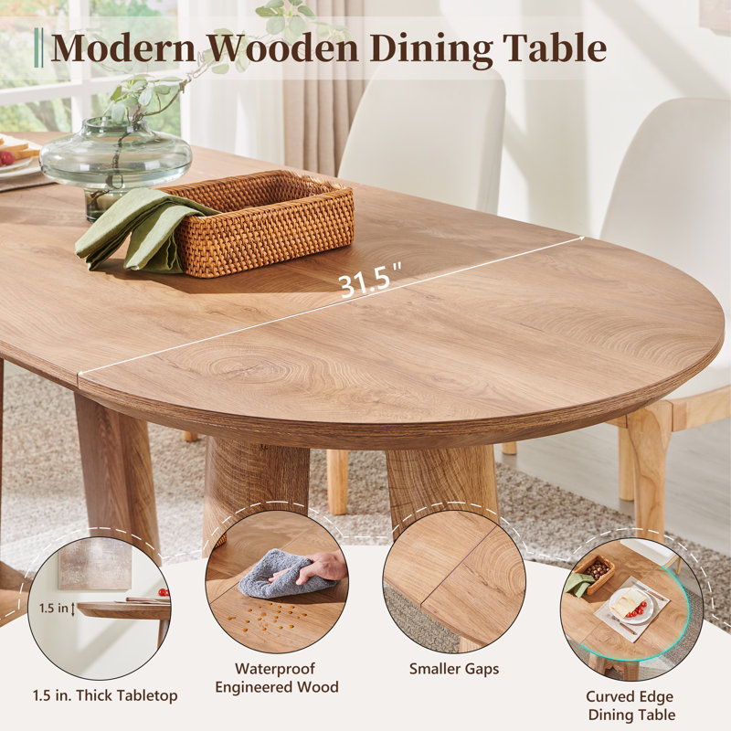 63" Oval Dining Table For 6 With Triangular Structure Pedestal Stable Base & Curved Table Edge, Light Tree Knot