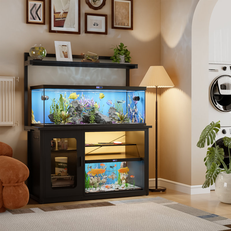 Reversible 55-75 Gallon Fish Tank Stand With Cabinet And Shelf, Black