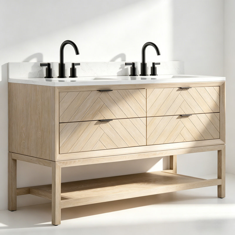 60" Transitional Natural Oak Double Sink Bathroom Vanity with Engineered Stone Top, White Washed Oak