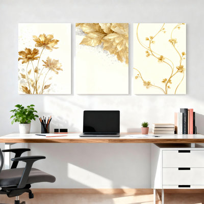 Golden Floral and Leaf Pattern Canvas Wrapped Wall Art, Elegant Botanical Print (Set of 3)