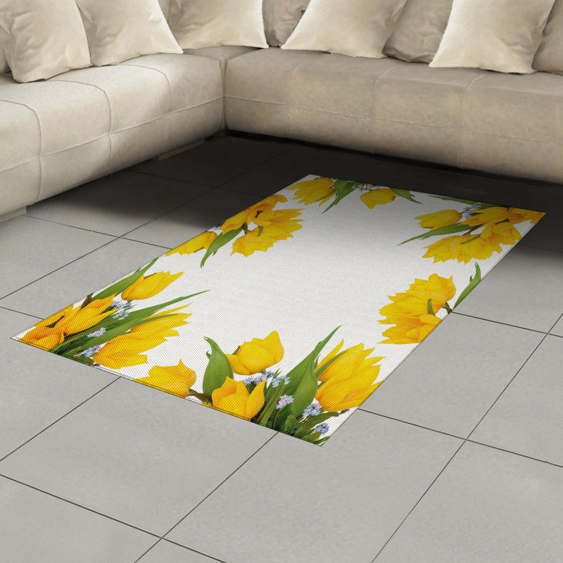 Yellow Flower High Density Long Fiber Poly Threads Decorative Area Rug Carpet, Rectangle 4' x 5'8"