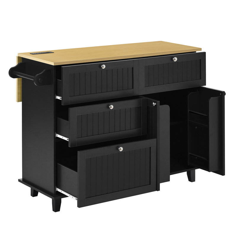 3-Piece Farmhouse Kitchen Island Set with 2 Stools, Drop Leaf Kitchen Table with Power Outlet and Storage Cabinet, Black