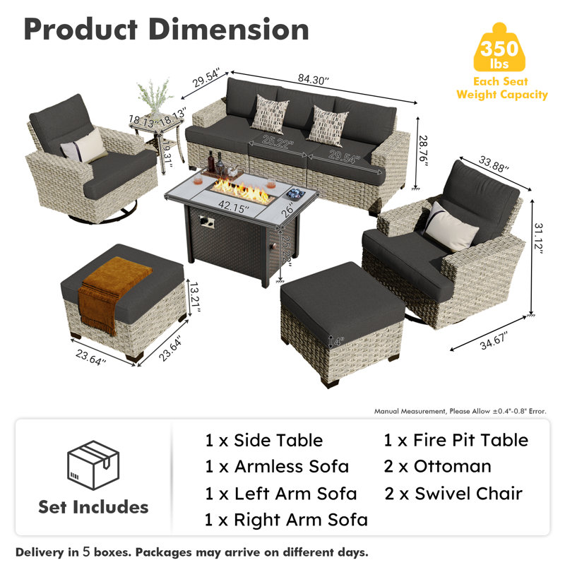 Ensemble de conversation en osier pour 5 personnes avec coussins et repose-pieds Dzion, Noir