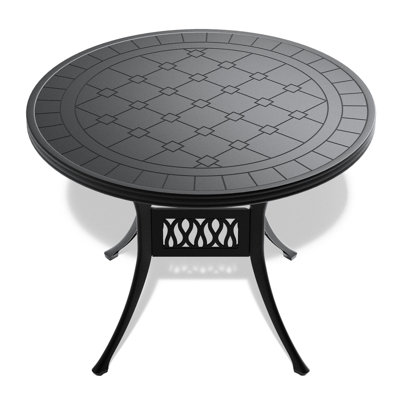 Table de salle à manger 39,48 "en fonte d'aluminium avec structure noire, résistante, confortable, empilable, assise confortable toutes saisons, trou pour parasol, espace