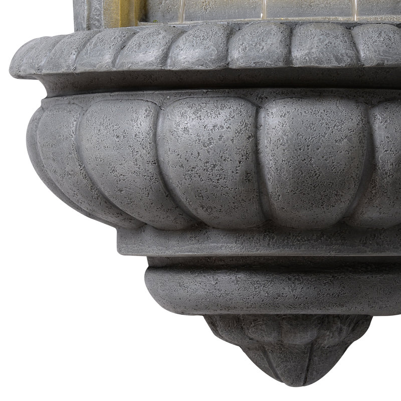 Tiered Lion Head Outdoor Water Wall Fountain with LED Light and Pump, Natural Stone