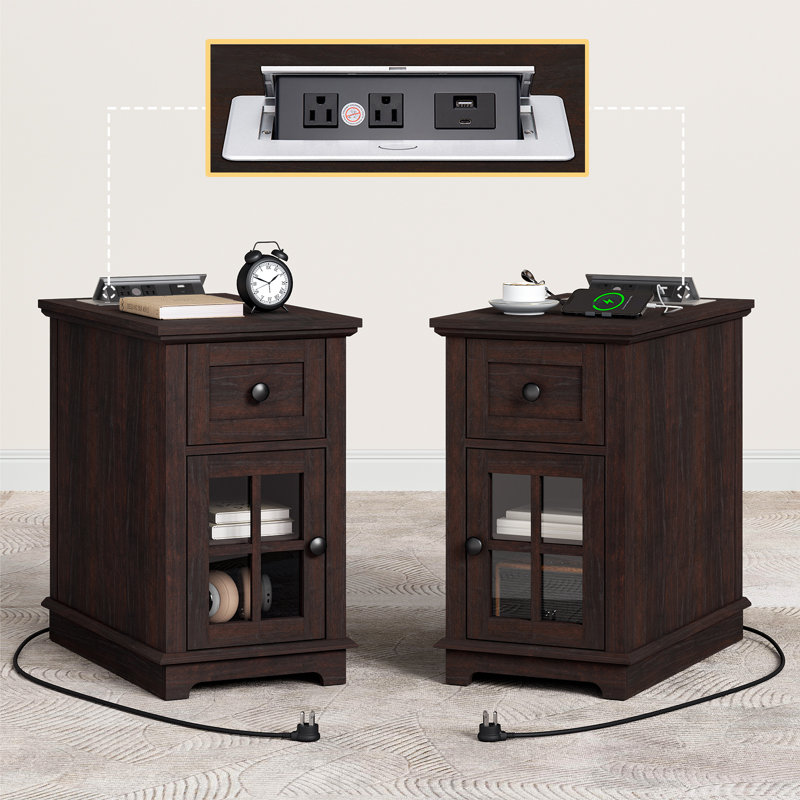 Binyameen 1 Drawer Nightstand for Bedroom with Storage and Built-in Outlets, Brown, Set of 2
