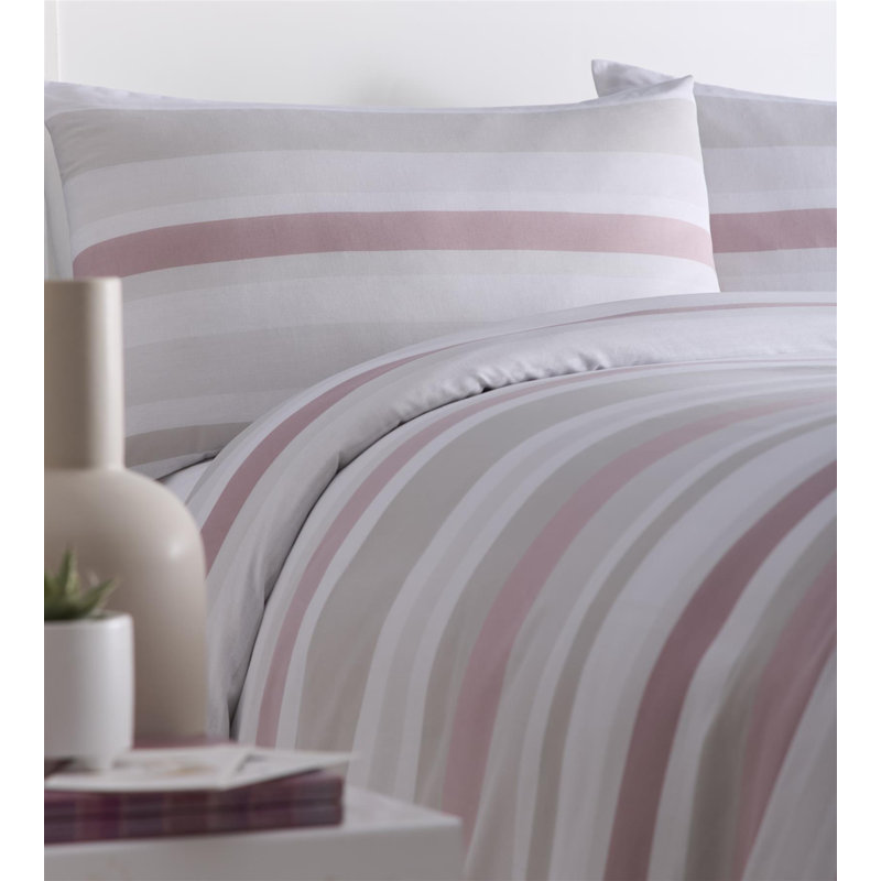 Wetumka Cotton Blend Striped Bedding with Pillowcases, Double Duvet Cover + 2 Standard Pillowcases, Pink