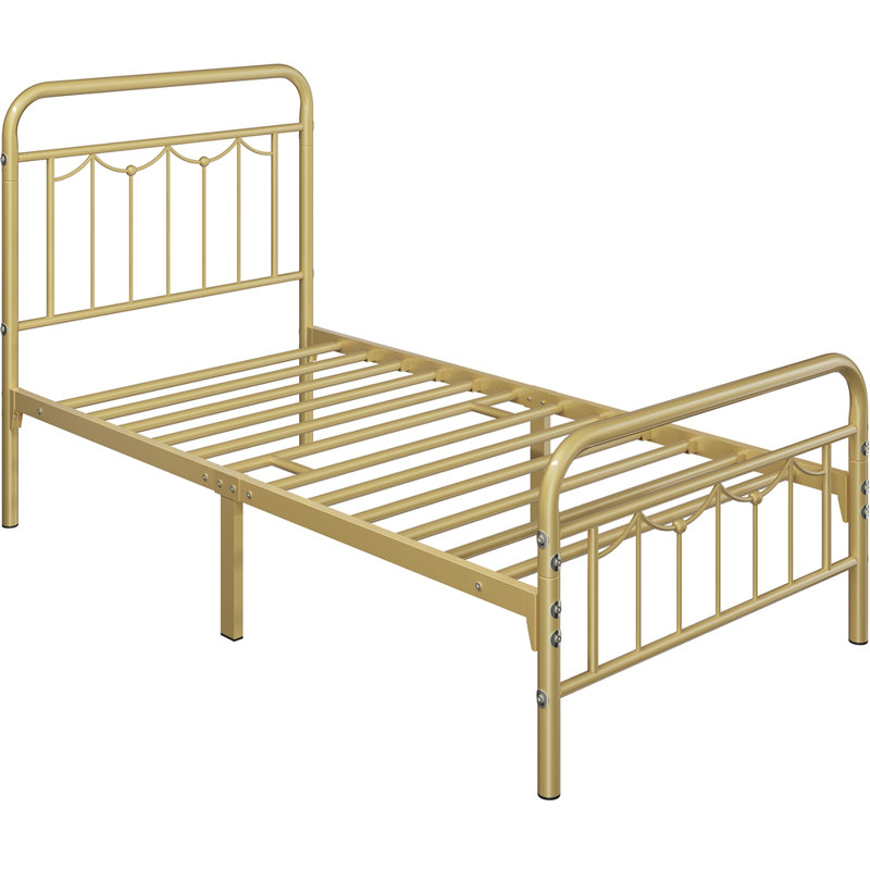 Antique Gold Twin Metal Bed Frame with Headboard and Slats