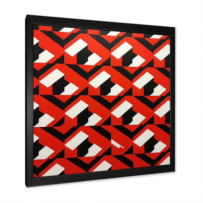 Motif rétro géométrique rouge, blanc et noir - reproduction sur toile, H 36 po x l 36 po x P 1,5 po, Cadre simple noir