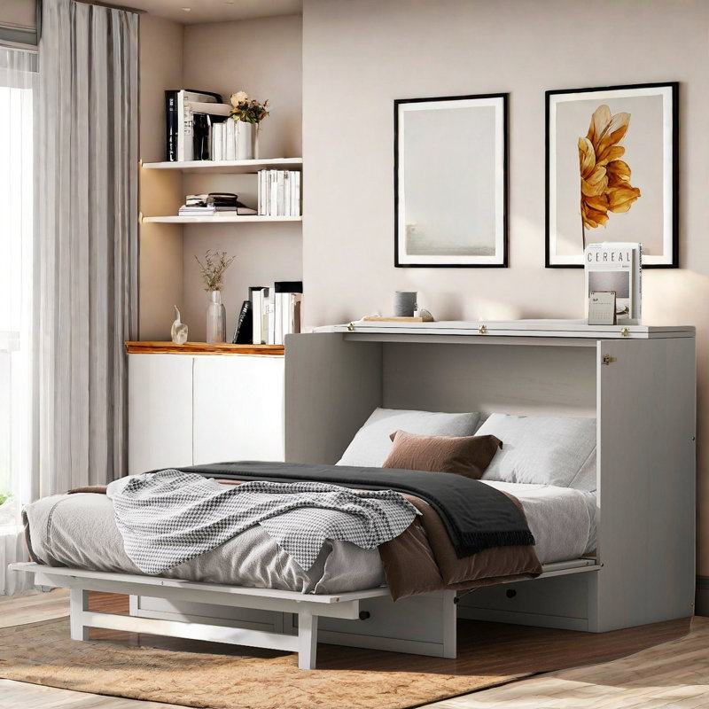 Grand lit escamotable grand avec grands tiroirs et ports USB pour économiser de l'espace et une vie moderne, Grand, Blanc