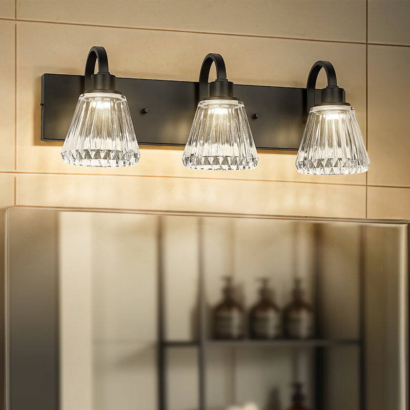 3 - Light Dimmable LED Vanity Light, Fluted Ripple Glass Shade, Industrial Vanity Lighting Fixtures, Black