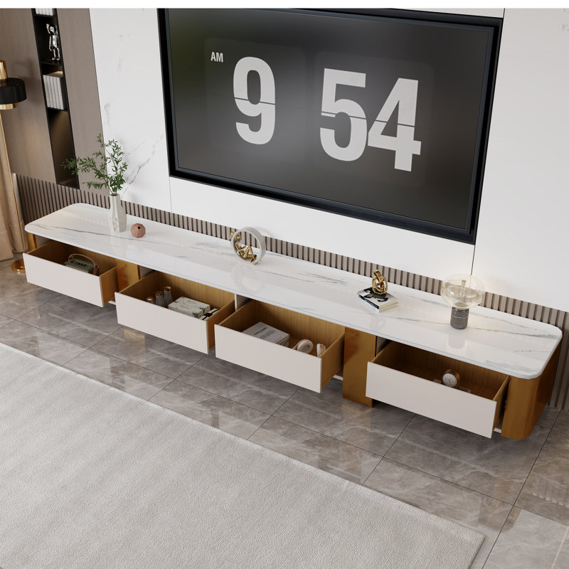 Meuble télé 78,7 po avec accents dorés, plateau en marbre et 4 tiroirs de rangement blancs 78,7 po