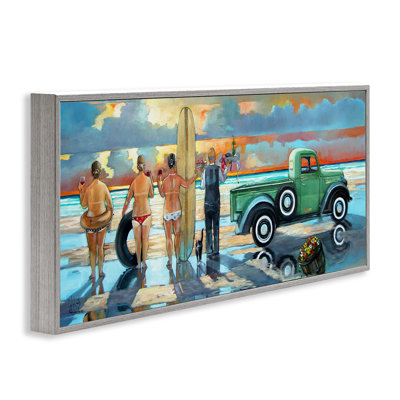 «Butler Serving Beach Girls Scene» par Ronald West - peinture à cadre flottant sur bois