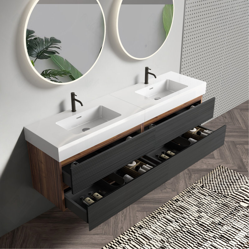 Meuble-lavabo 72 po (36 po * 2) avec lavabo en quartz noir mat et tiroirs noirs doux, meuble-lavabo mural flottant, lavabo une pièce blanc brillant