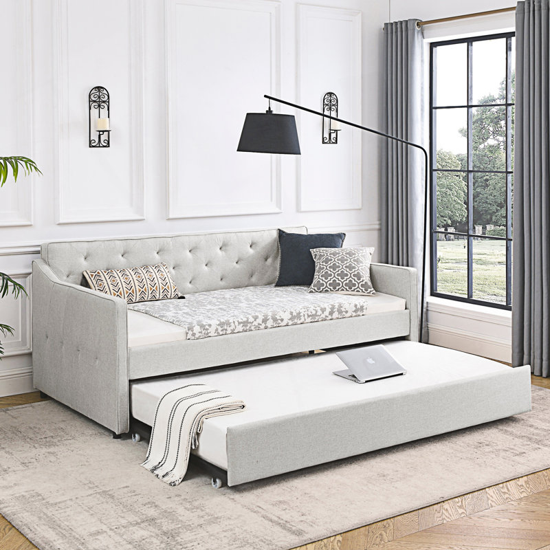 Modern Twin Size Daybed With Twin Size Trundle, Upholstered Tufted Sofa Bed, Beige