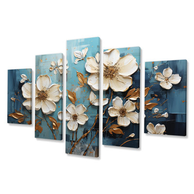  «Gold and White Poppy Blooms - Abstract Floral Multipanel Wall Art Canvas