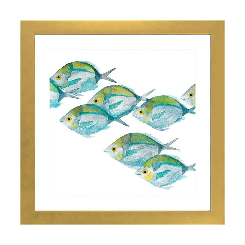 Poissons - Imprimé, H 24 po x l 24 po x p 1 po, Papier encadré doré, Blanc