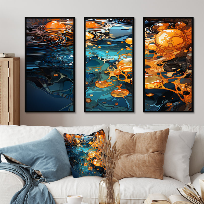 «Orange Orange and Blue River Serene Journey III», art mural abstrait à l'encre liquide, Cadre flottant noir