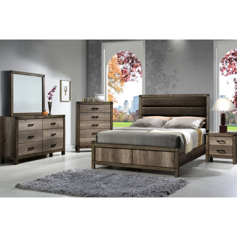 Lit double contemporain avec élément géométrique, finition gris patiné et tête de lit tapissier pour la transformation de la chambre à coucher