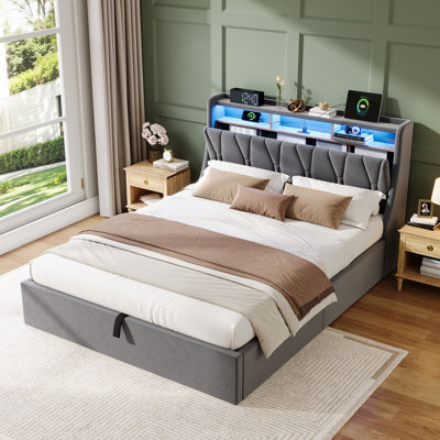 4FT6 Double Ottoman Bed Frame with Hydraulic Storage & LED Headboard Light,