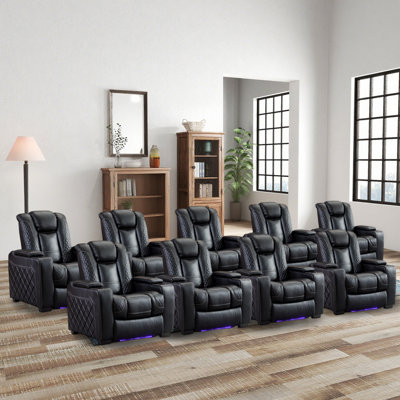 Hartzler 36.22"W Luxury Comfort Faux Leather Power Reclining Home Theater Seating With LED Light & Adjustable Headrest & USB Port & Arm Storage & Dual Cupholders (Set Of 9)