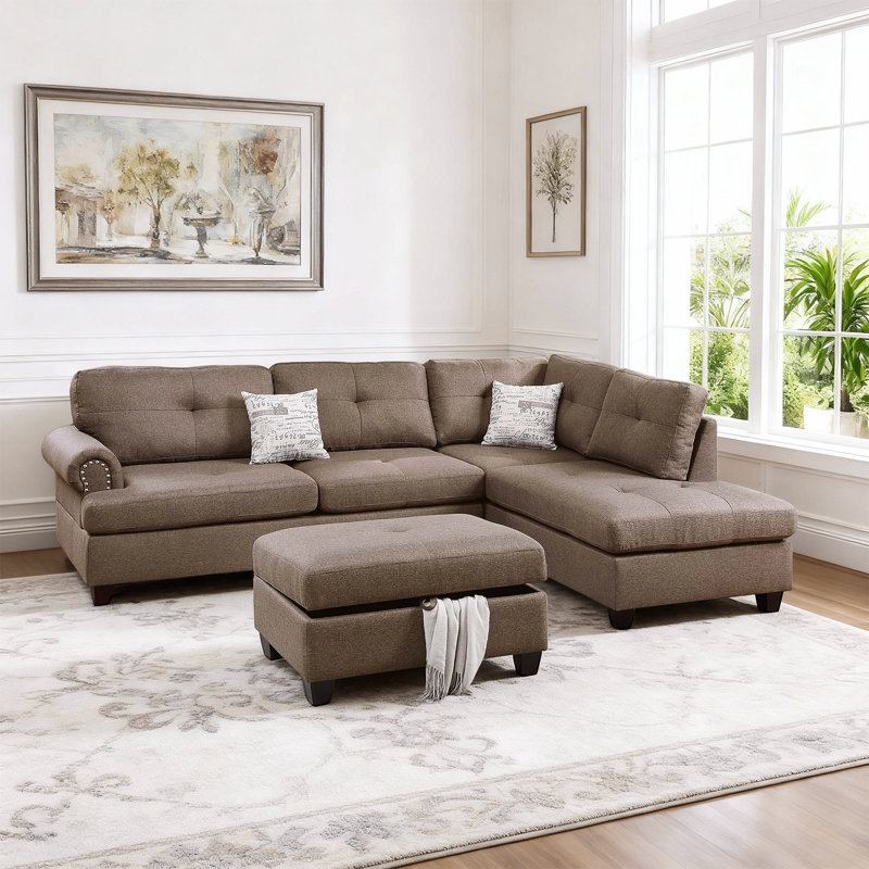 Canapé modulaire réversible 3 pièces avec repose-pieds de rangement et accoudoirs classiques