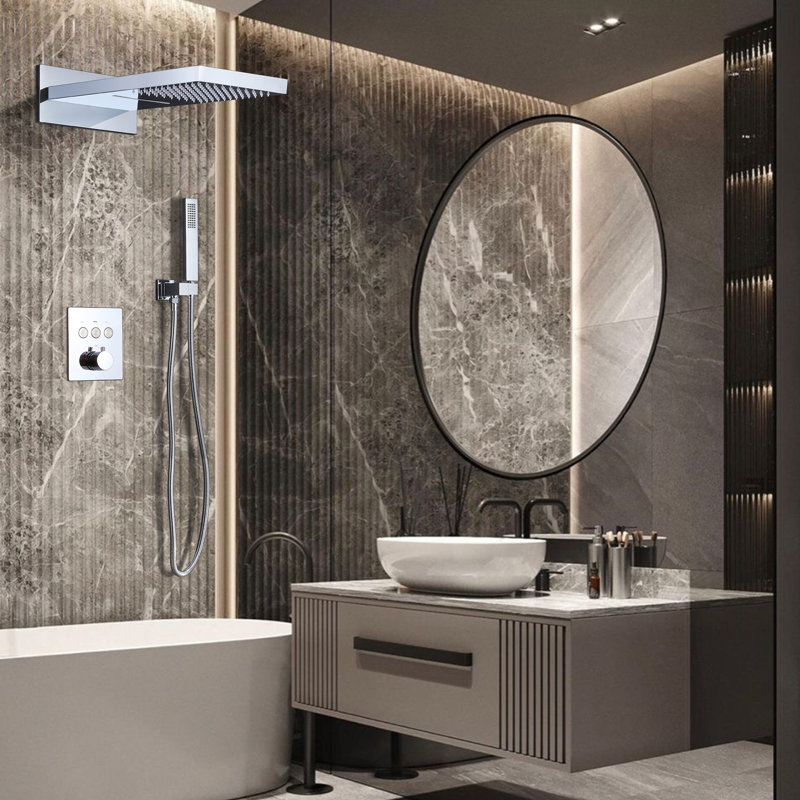 19.68"L*9.44"W 3 Functions Thermostatic Solid Brass Luxury Shower System with Rough-in Valve, Chrome
