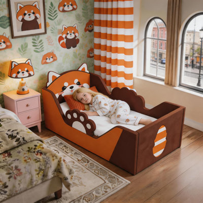 Toddler Floor Bed Frame with Removable Safety Rails and Storage Bag, Kids Bed for Girl and Boys, Standard Crib Size Portable Beds, Safety Upholstered Child Beds, Low to Floor Design