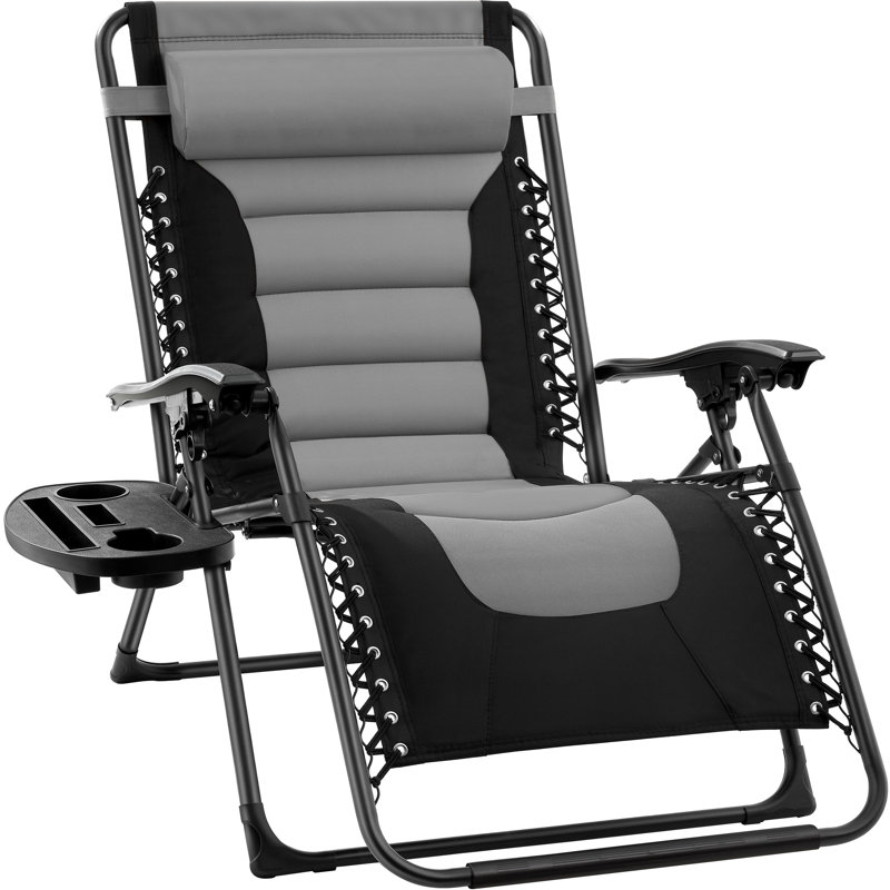 Danny-James Oversized Padded Zero Gravity Chair, Folding Outdoor Patio Recliner w/ Side Tray, Gray