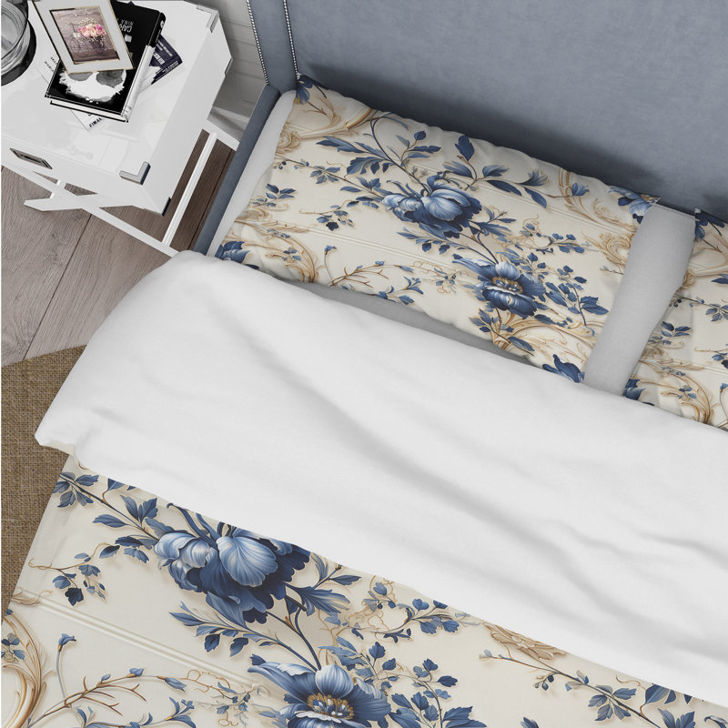 Literie à motif victorien avec cadres ornementaux bleus, Housse de couette pour très grand lit et 2 très