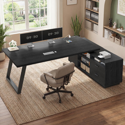 70.3'' L Shaped Executive Desk with Power Outlets Home Office Desk with Drawers & Cabinet