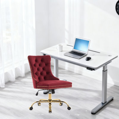 Chaise de bureau, chaise de bureau moderne capitonnée en velours capitonné avec base en métal doré, chaise de bureau pivotante réglable