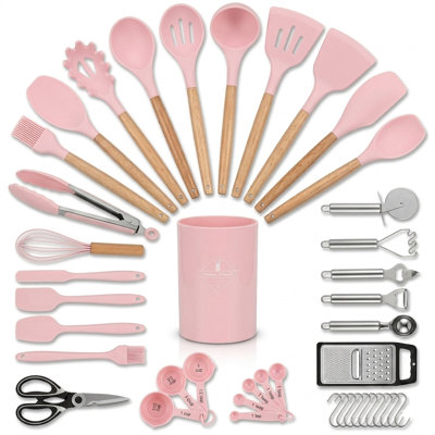 Ensemble d'ustensiles de cuisine 44 pièces en silicone avec support, spatule antiadhésive résistante à la chaleur et outils pour gadgets avec poignées en bois, noir