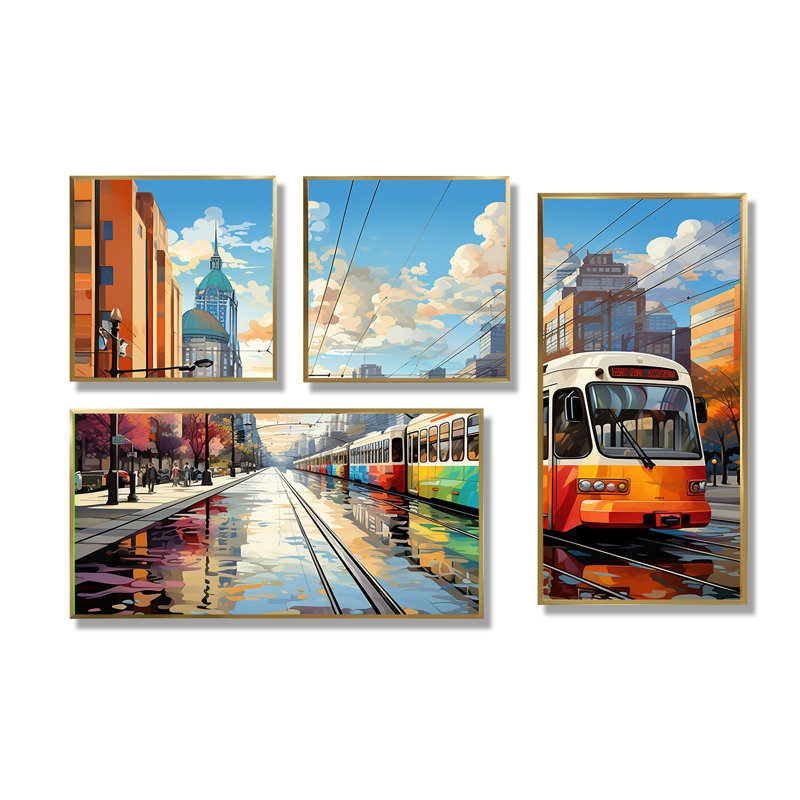 «City Philadelphia Popart I - Cityscapes», ensemble d'art mural de 4, Impression encadrée sans passe-partout, Doré